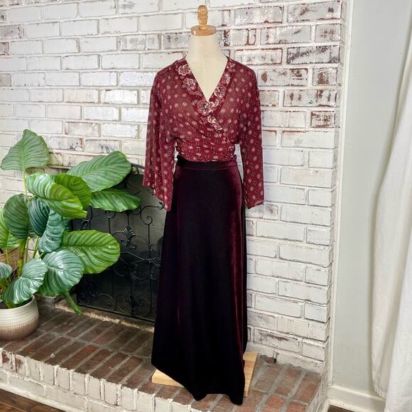 Vintage 90s Hill Country Burgundy Corded Velvet Side Slit Maxi Skirt - Picture 1 of 11